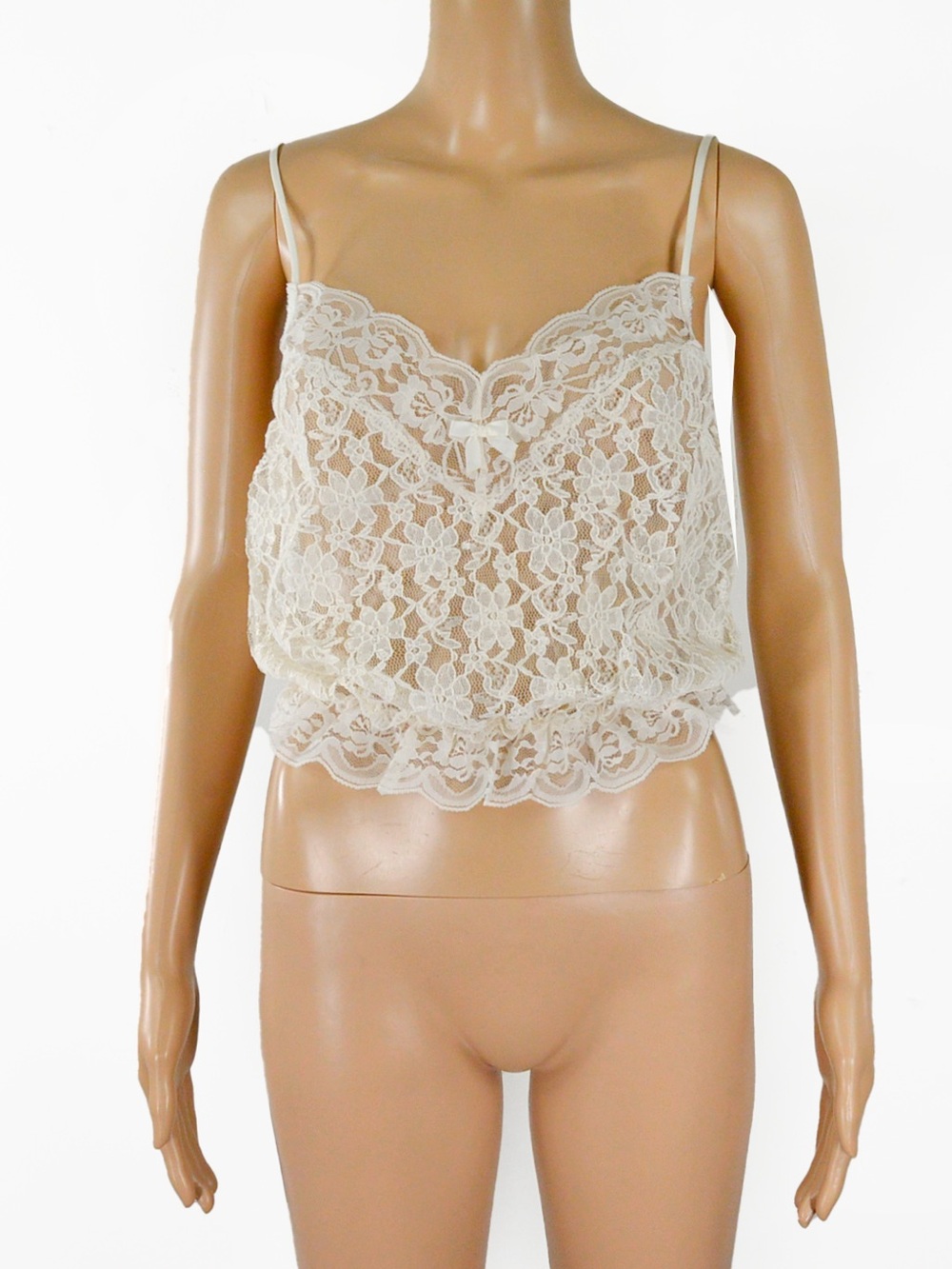 Vintage White Ivory Sheer Floral Lace Cami Top Lingerie Coquette Crop M